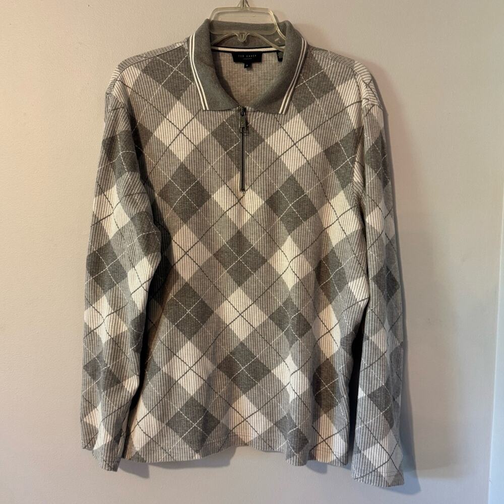 Ted Baker London Sweater Mens Size 5 Argyle 1/4 Zip Grey White